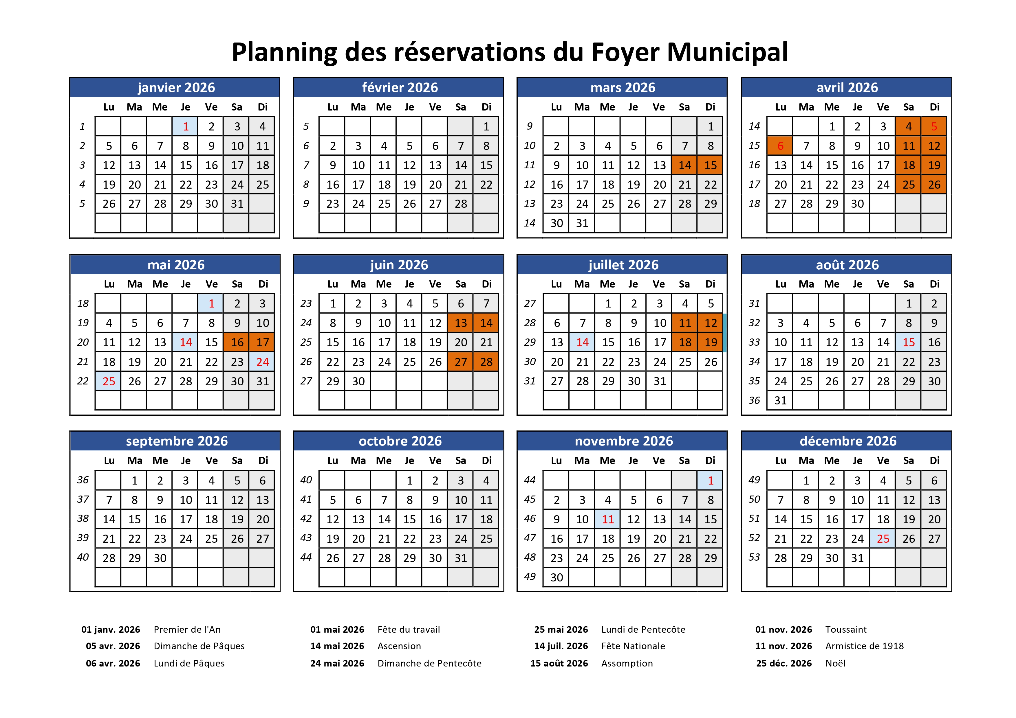 planning réservations FOYER et MP 2026